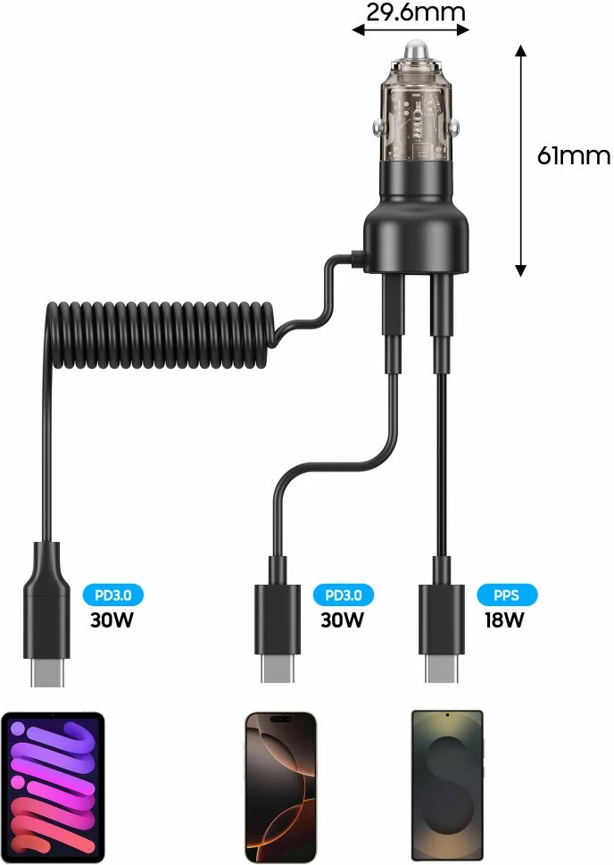 Polnilec za avto Tech-Protect CC05, 2 priključka, 60W, z USB-C kablom, črn