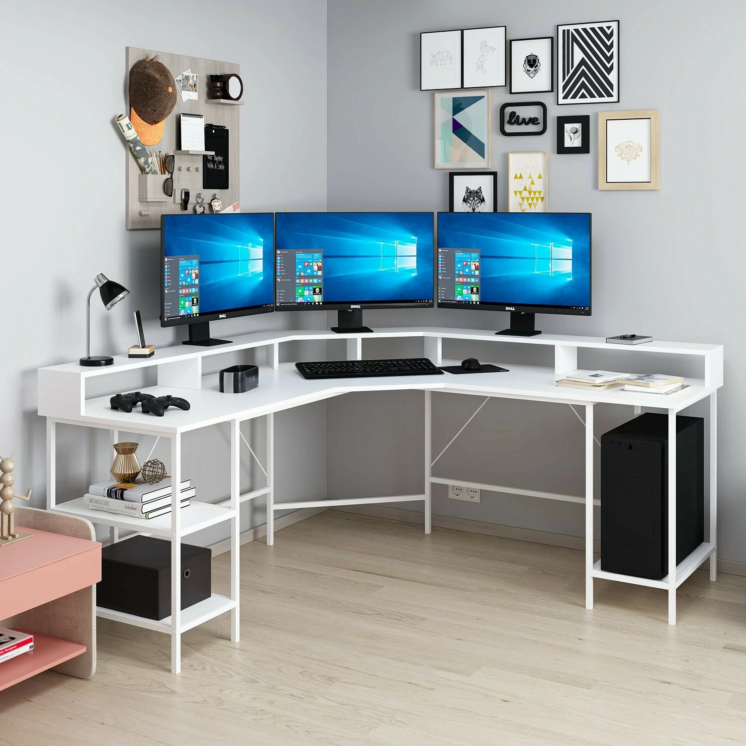 Kotna delovna miza Skye Decor Power Raflı L, bela