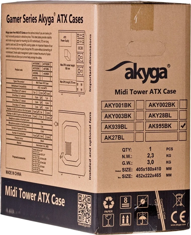 Kompjuterska kaseta Akyga AK995BK, PC ATX, črna