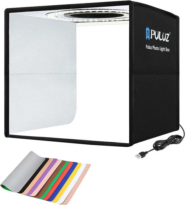 Mini fotografski studio Puluz PU5025B z LED osvetlitvijo, 25 cm, 96 LED, 12 ozadij, črn