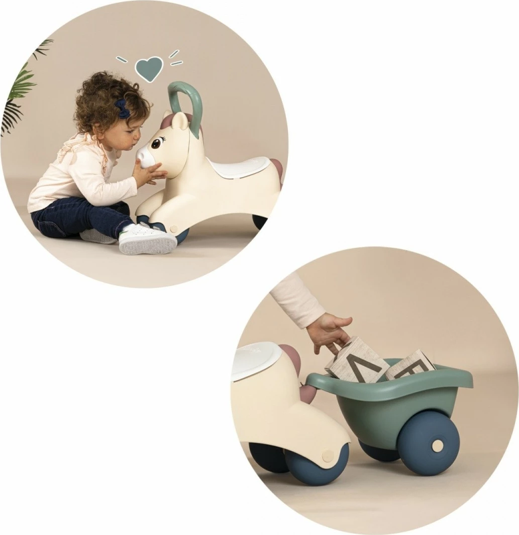 Jezdljiva igrača Baby Pony Smoby 7600140502, plastika, bež/siva/bela, s prikolico