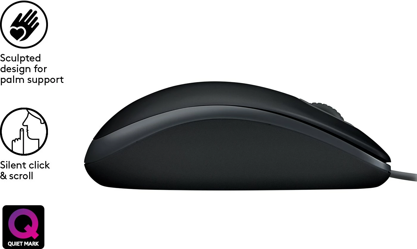 Optični miš, tiha Logitech M110, ambidekstralna, USB Type-A, 1000 DPI, črn