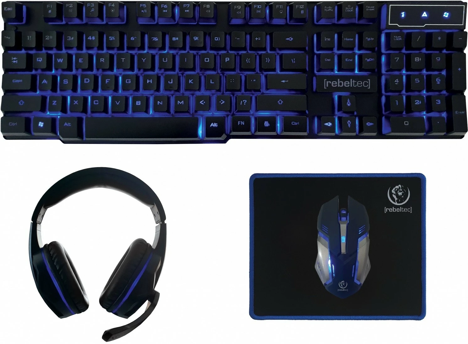 Gaming set z osvetlitvijo, Rebeltec Sherman — tipkovnica, optični miš, podloga za miš, slušalke z mikrofonom, črno/modro