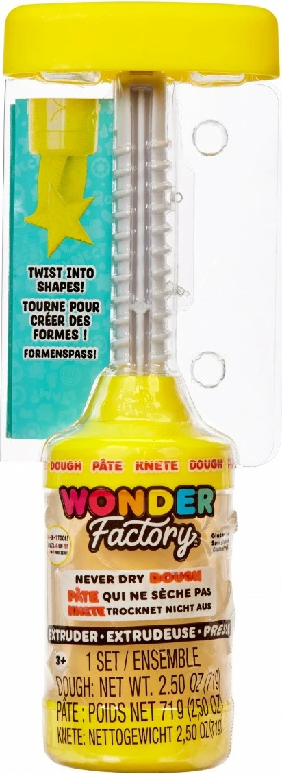 Set modelirne mase z ekstruderjem, 72 g, rumena, Wonder Factory Never Dry Dough, MGA