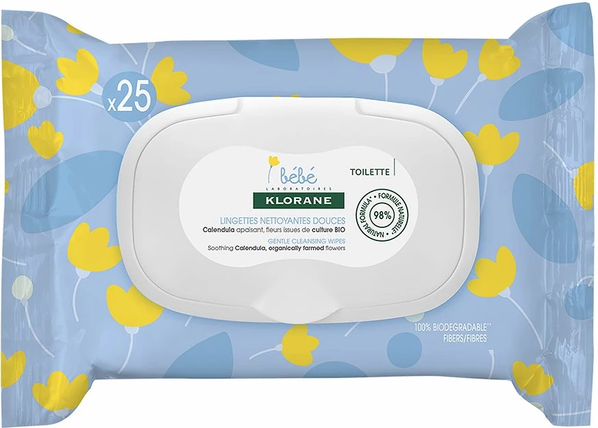 Blage vlažne robčke za dojenčke Klorane Bebe Gentle Cleansing Wipes, 25 kosov