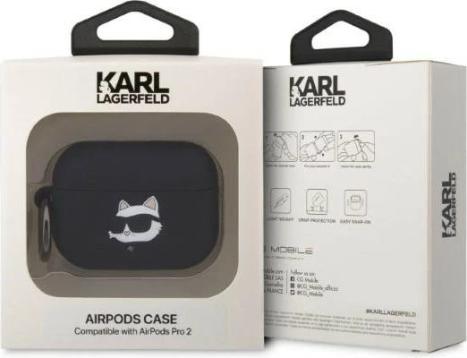 Ovitek za AirPods Pro 2, silikon, Choupette Head 3D, črn, Karl Lagerfeld KLAP2RUNCHK