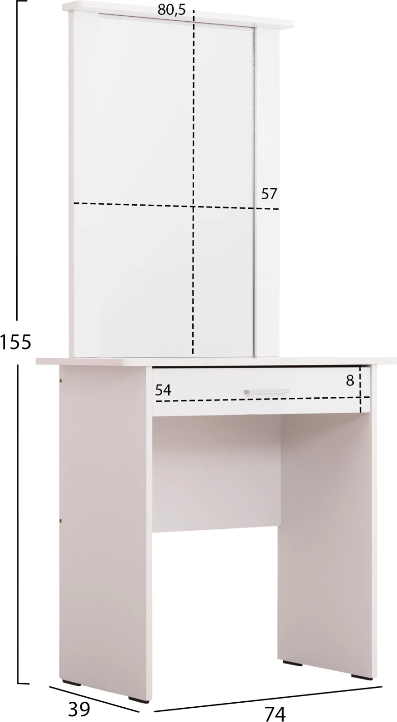 Toaletna miza z ogledalom in stolčkom CRYSTEL FH9938.01 melamin v beli barvi 74x39x155Hcm