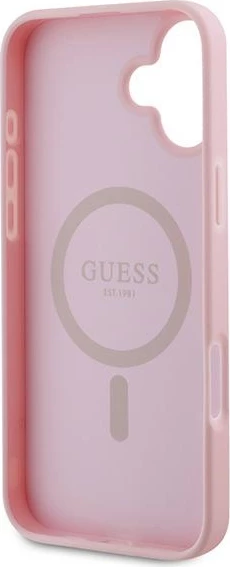 Ovitek za telefon z zrnato zlatim obročem MagSafe za iPhone 16 Plus, Guess, rožnat