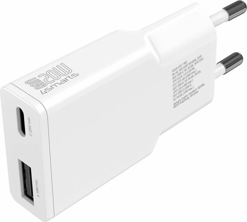 Hitri polnilec 4smarts 541122, 20 W, GaN, USB-C in USB-A, bel