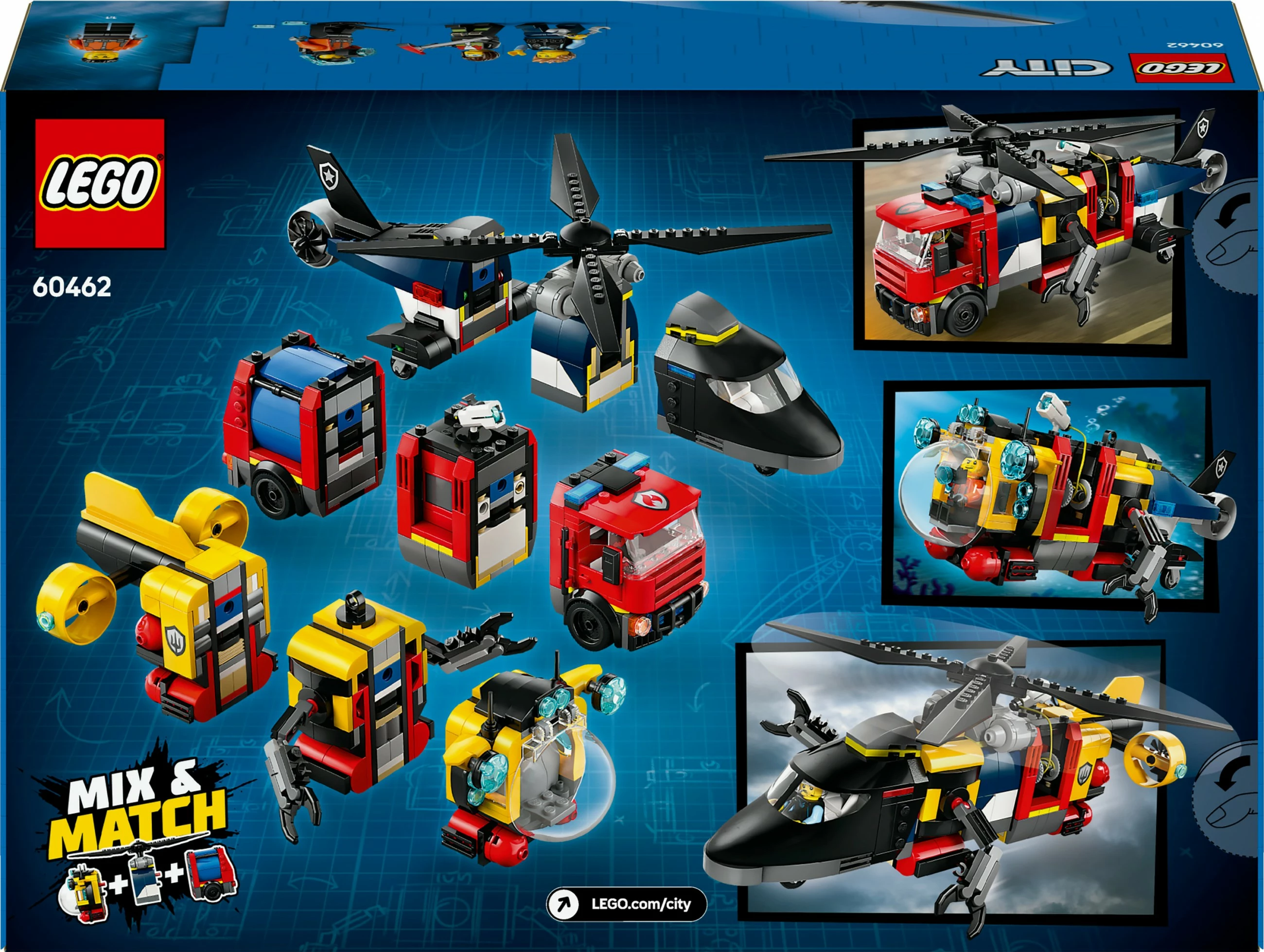 Igriv gradbeni set z 874 kosi, helikopter, gasilsko vozilo, podmornica LEGO City 60462, večbarven