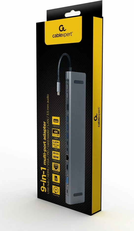 Večvrstni USB adapter, Gembird A-CM-COMBO9-01, 9x vrata, pepelnato siva
