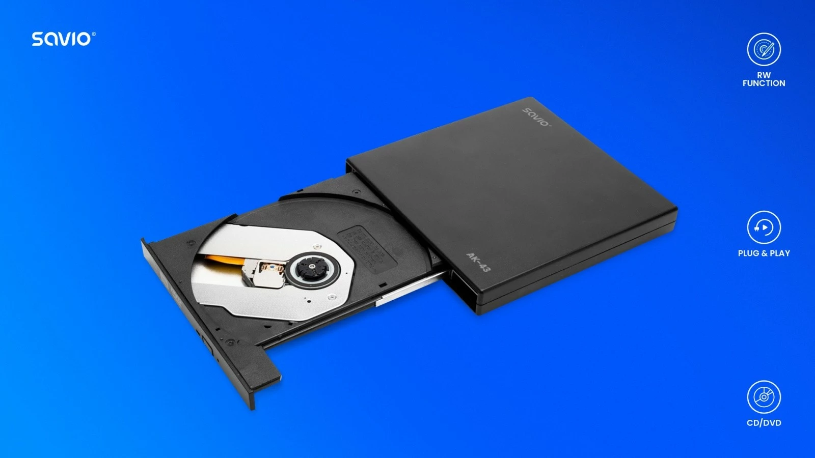 Zunanji CD/DVD pogon Savio AK-43, USB, tanek, črn
