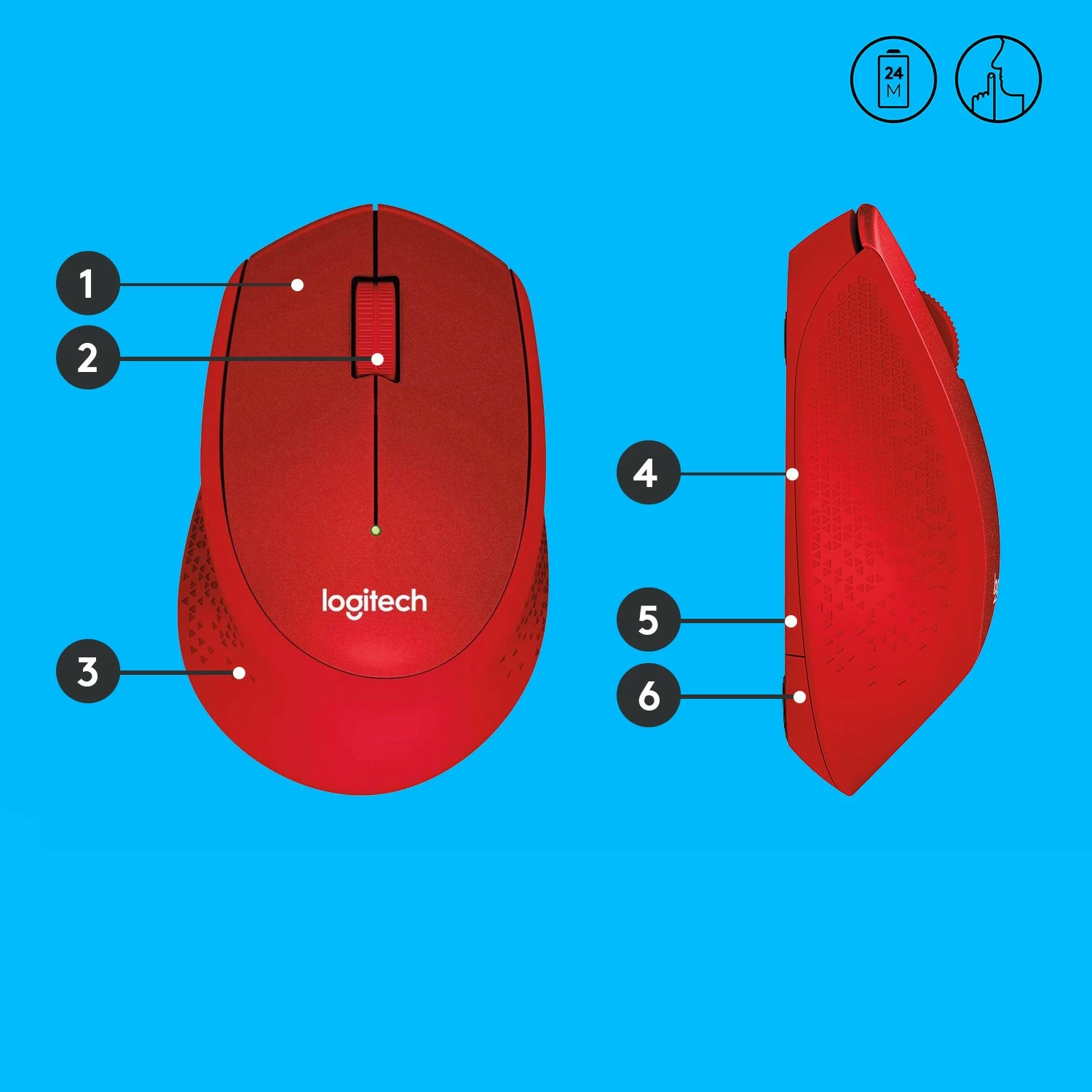 Slišni miš Logitech M330 SILENT PLUS, desnor, mežanik, RF brezžični, 1000 DPI, rdeč