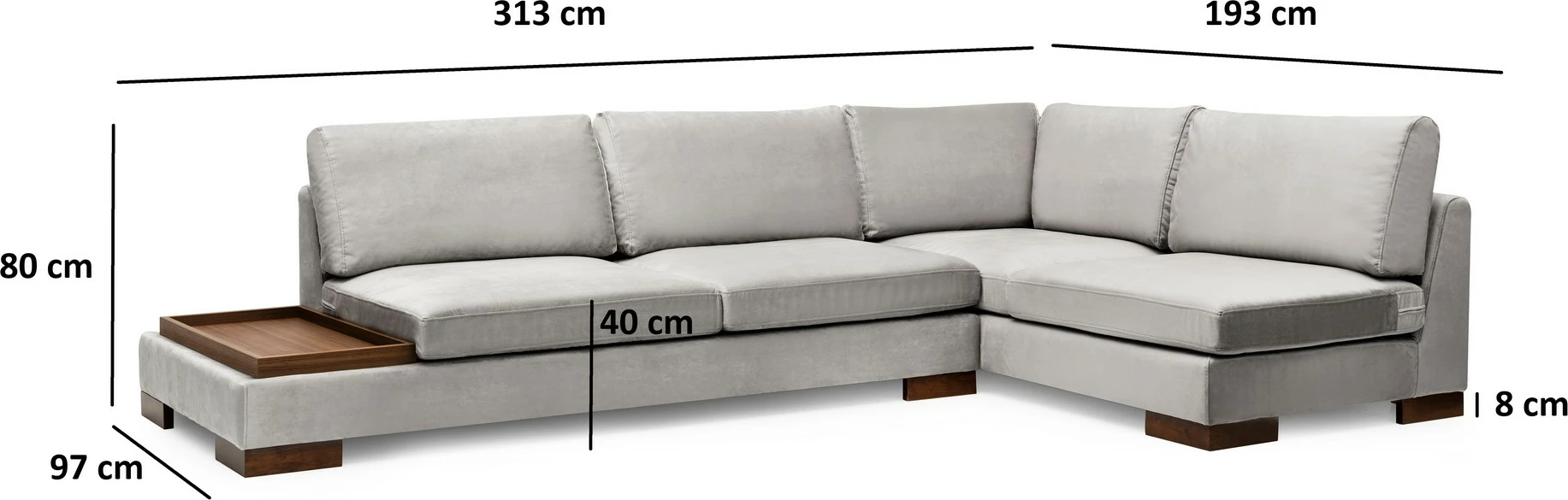 Kotna sedežna garnitura Tulip, desna s pufom — Atelier del Sofa, svetlo siva
