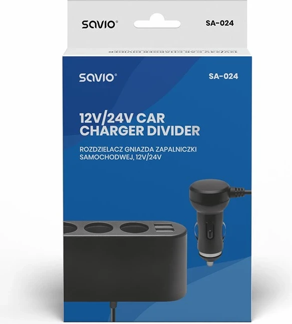Razdelilec vtičnice za vžigalnik v avtomobilu Savio SA-024, 12/24V, črn