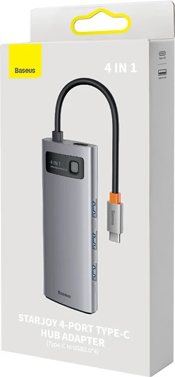 Razširje portov 4 v 1 Baseus Metal Gleam Series, USB-C na 4×USB 3.0, siva