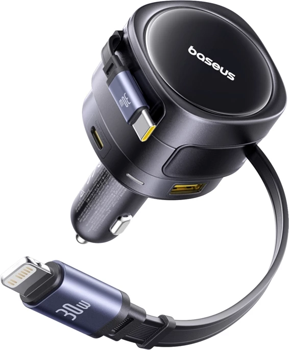 Avtomobilski polnilec Baseus Enjoyment Max, 90W, 2 vgrajena kabla USB-C + Lightning, 2 vrata USB-A + USB-C, črn