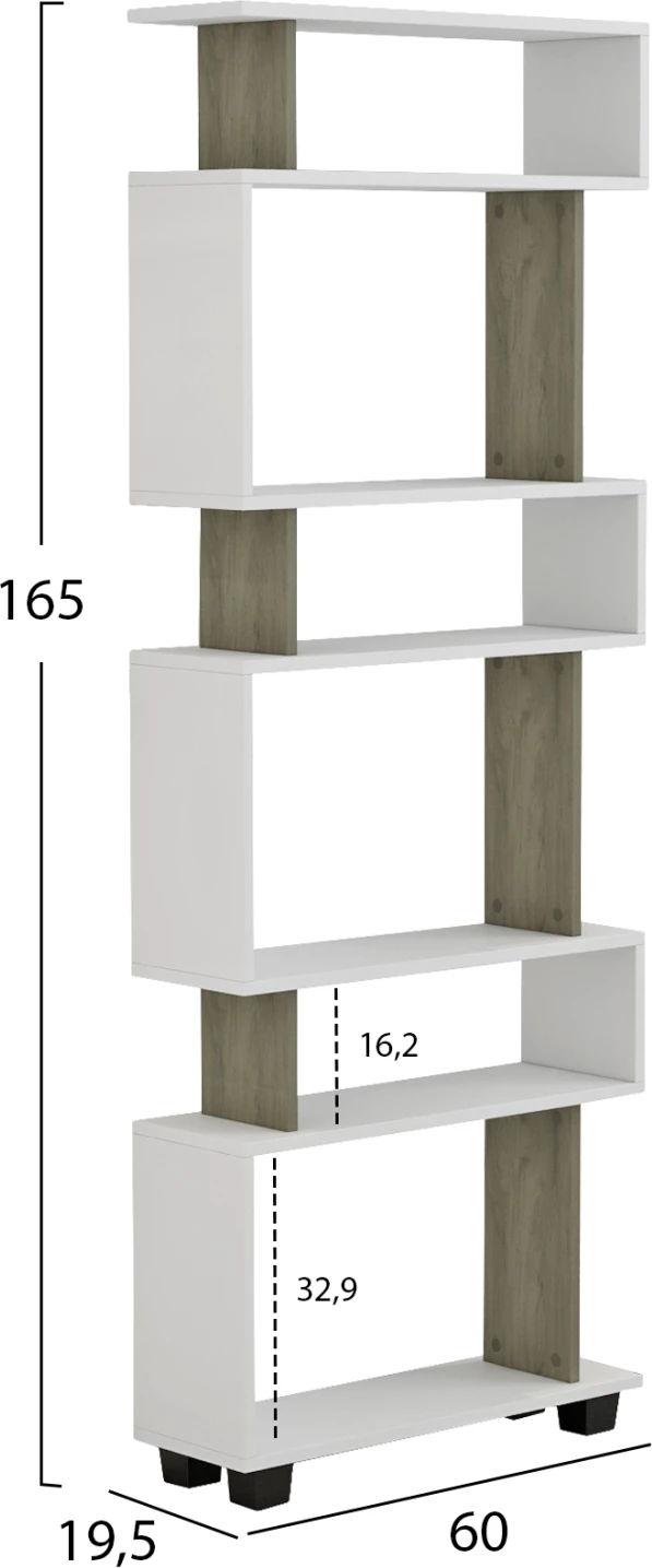 Knjižna polica OWL iz melamina v olivno sivi in beli barvi 60x19,5x165H cm. FH8923.11