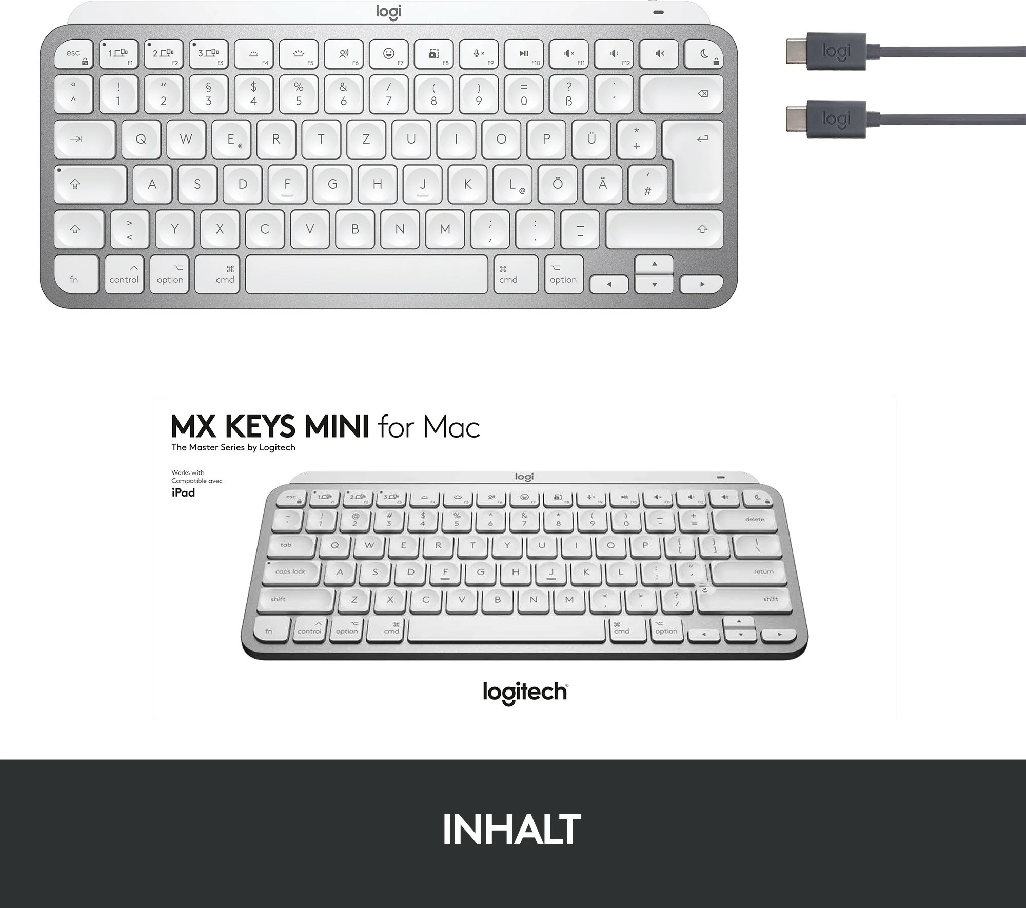 Kompaktna tipkovnica MX Keys Mini za Mac, Logitech, Mini, brezžična, Bluetooth, QWERTZ, LED, siva