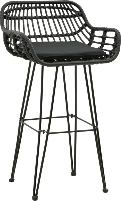 Barski stol Naoki z blazinico, PE rattan, črn, kovinske noge črne, 52x50x90 cm