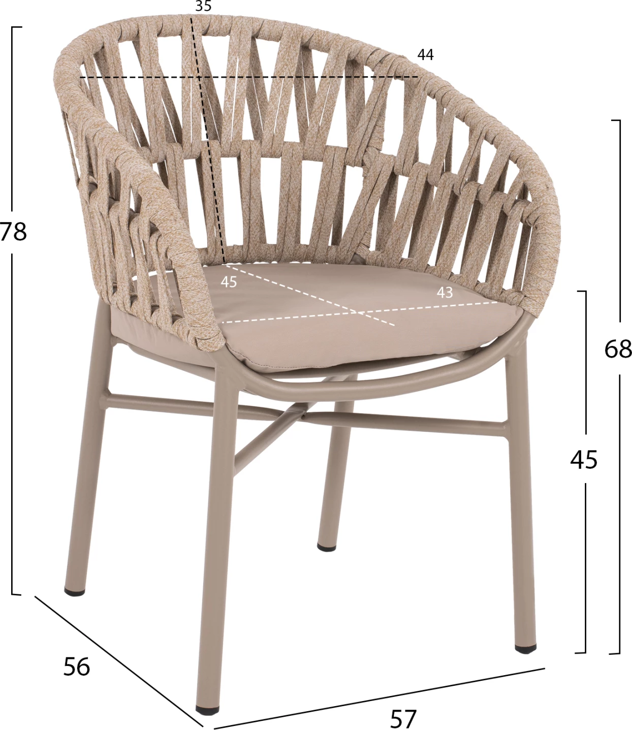Aluminijast stol z bež vrvjo, barva svetla moka, 57x56x78 cm, FH5857.03
