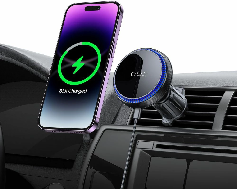 Magnetni nosilec za telefon s brezžičnim polnilcem Tech-Protect MM15W-V4, za zračne reže v avtomobilu, 15W, črn