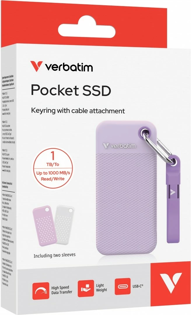 Zunanji SSD 1TB M.2, USB‑C 3.2 Gen 2 do 1000 MB/s — Verbatim Pocket SSD Summer Edition 32322, bel/vijoličen, komplet z 2 gumijastima pokrovčkoma