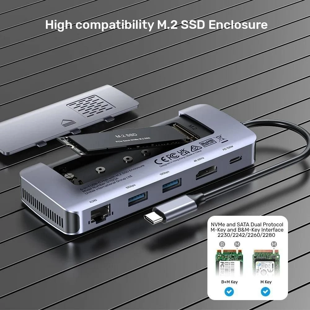 USB-C hub UNITEK Active, 10 Gbit/s, M.2, HDMI, Power Delivery 100 W, siv