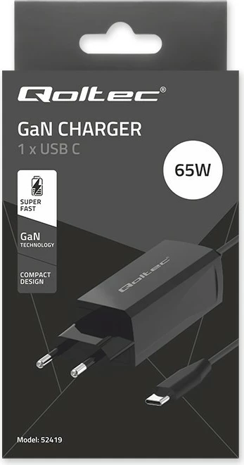 Stenski polnilec 65W GaN, USB-C 3.1, črn Qoltec