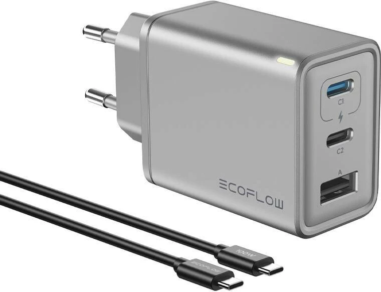 Omrežni polnilec 65W GaN EcoFlow RAPID, 2x USB-C, 1x USB-A, srebrno-črn, s kablom 1 m