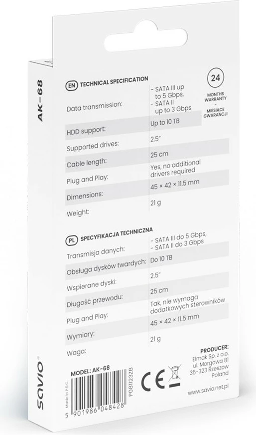 Adapter USB-A 3.1 Gen 1 na SATA za 2,5-palčne diske, Savio AK-68, črn