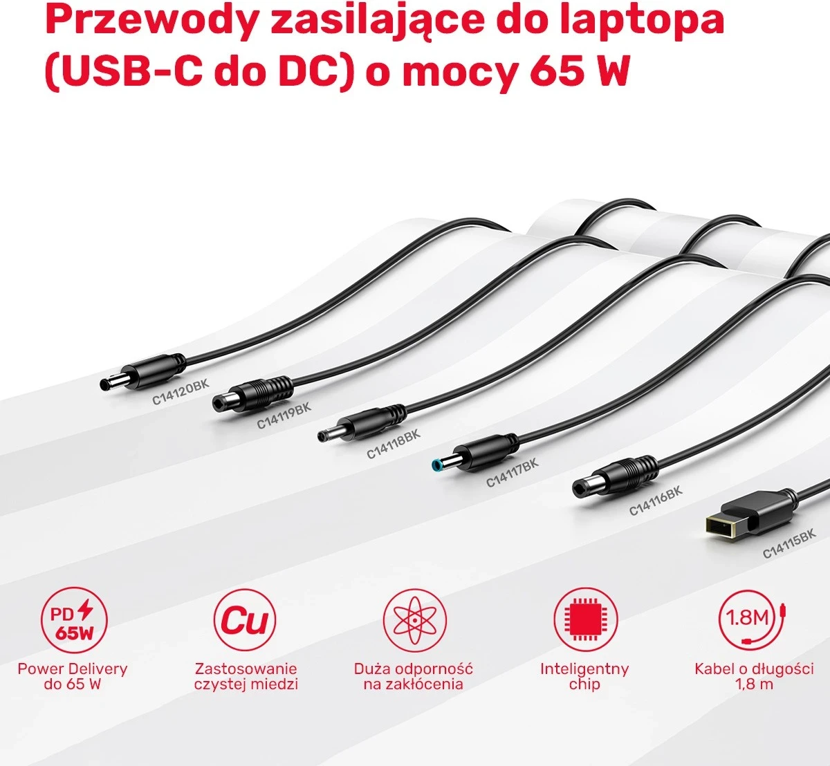 Kabel za polnjenje za prenosnik Unitek, 65W USB-C - DC5,5mm, črn