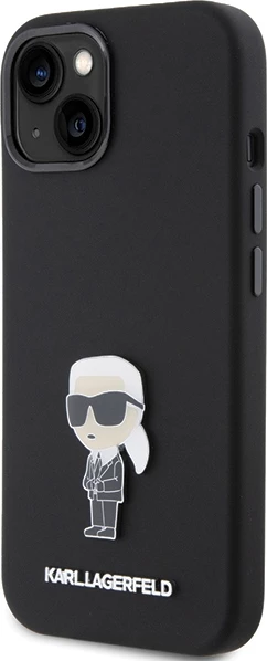 Ohišje iz silikona z ikoničnim kovinskim znakom Karl Lagerfeld za iPhone 15, črno