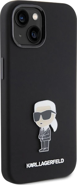 Ohišje iz silikona z ikoničnim kovinskim znakom Karl Lagerfeld za iPhone 15, črno