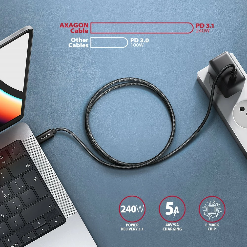 Kabel USB-C na USB-C, 3 m, 240 W, črn AXAGON BUCM2-CM30AB