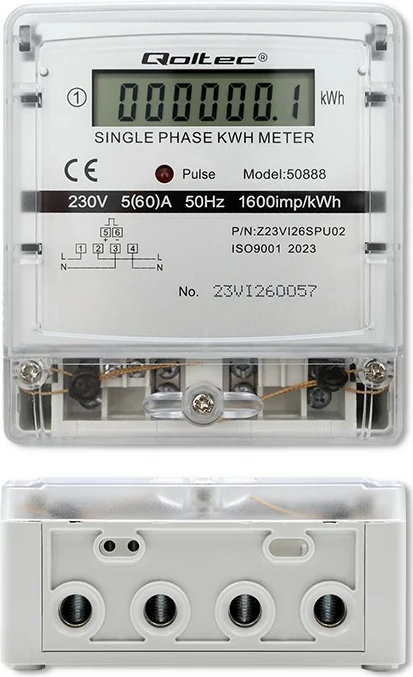 Enofazni števec električne energije Qoltec 50888, LCD, 230 V, siv