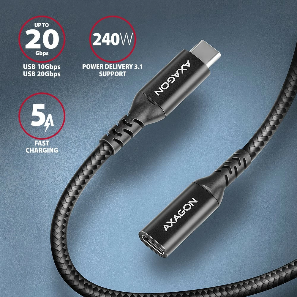 Podaljšek USB-C AXAGON BUCM32-CF05AB, 0,5 m, 20Gbps, 240W, črn