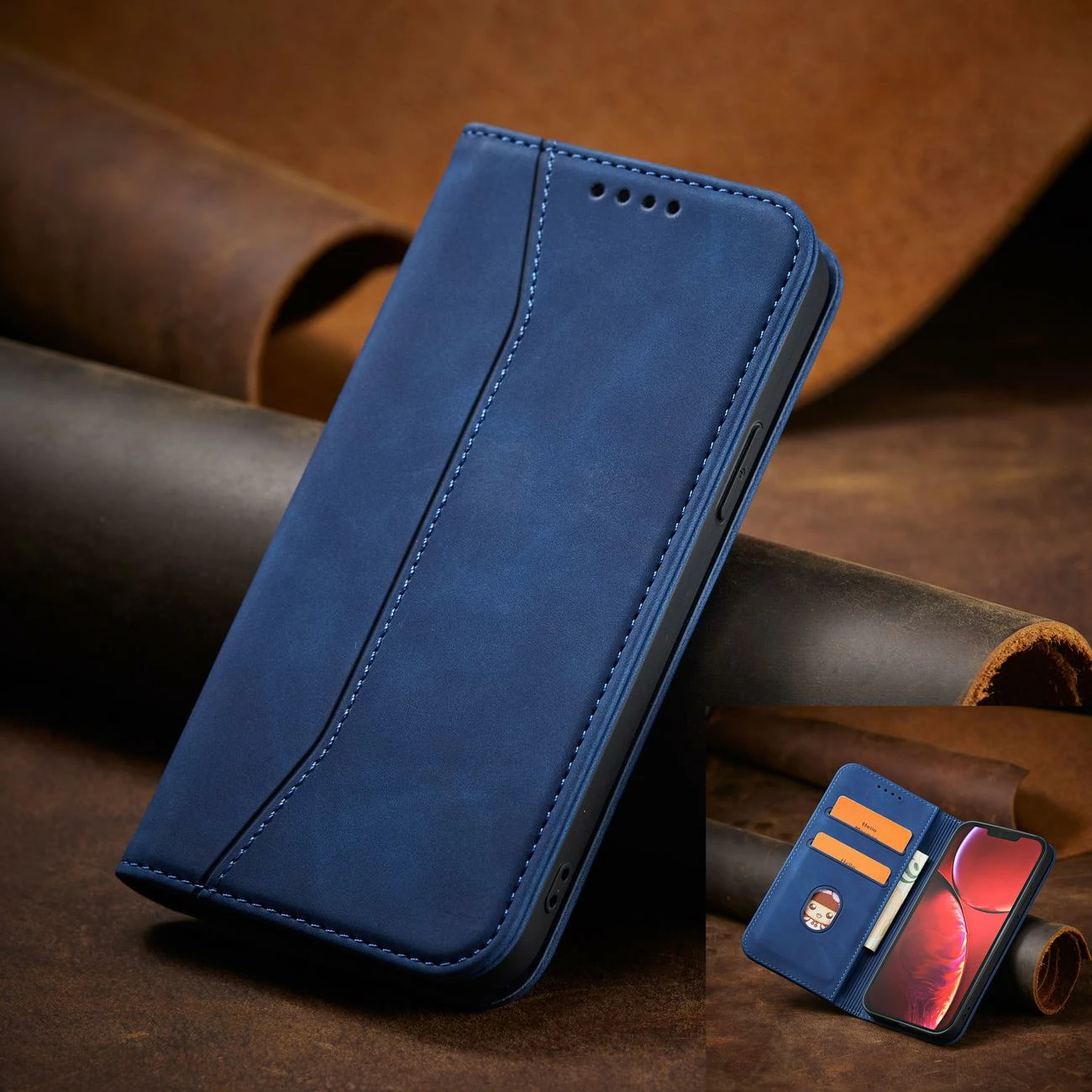 Etui magnetni Fancy Case s trakom za denarnico in stojalom za iPhone 13 Pro Max, modra — Hurtel