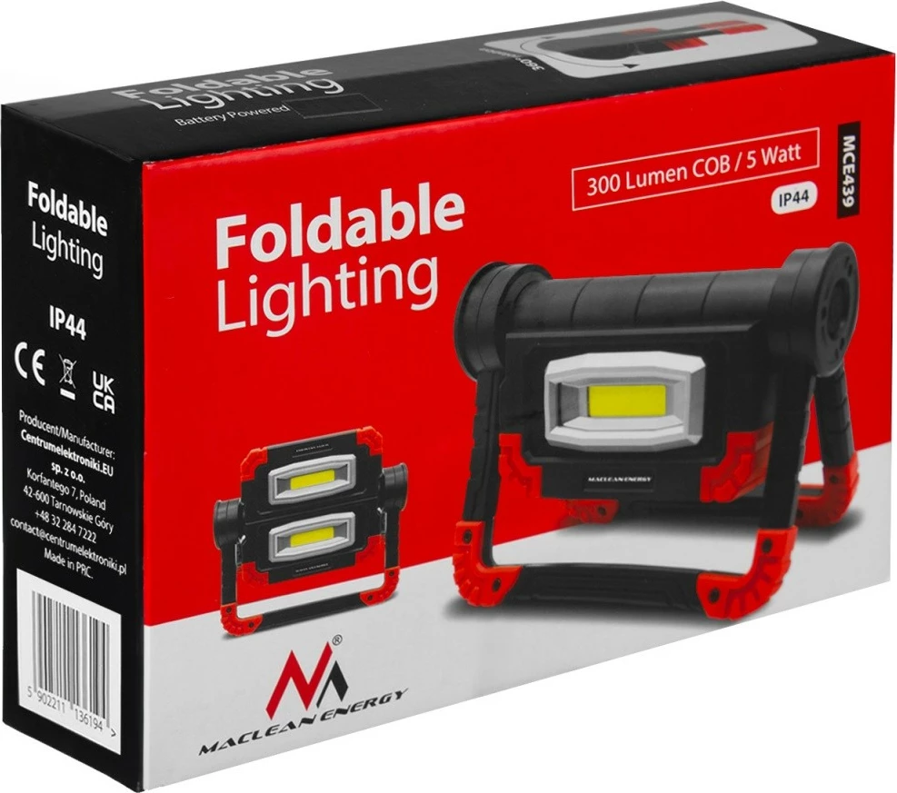 Delovna svetilka LED COB, Maclean MCE439, 300 lm, 3 načini osvetlitve, IP44, 6500K, črno/rdeča