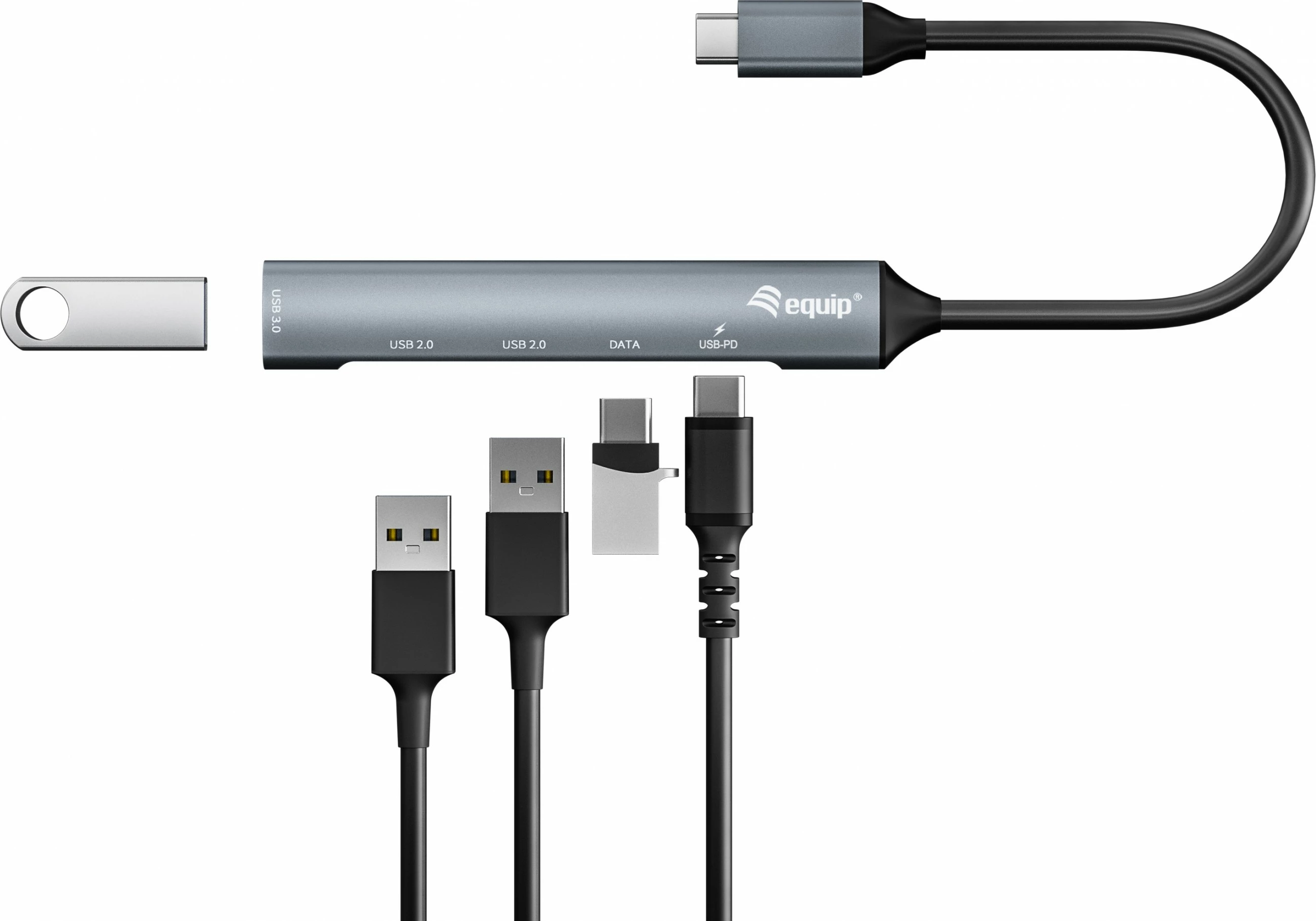 USB razdelilnik Equip, 5 priključkov, USB 3.2 Gen 1/2.0, USB-C PD 100W, alumin, srebrn