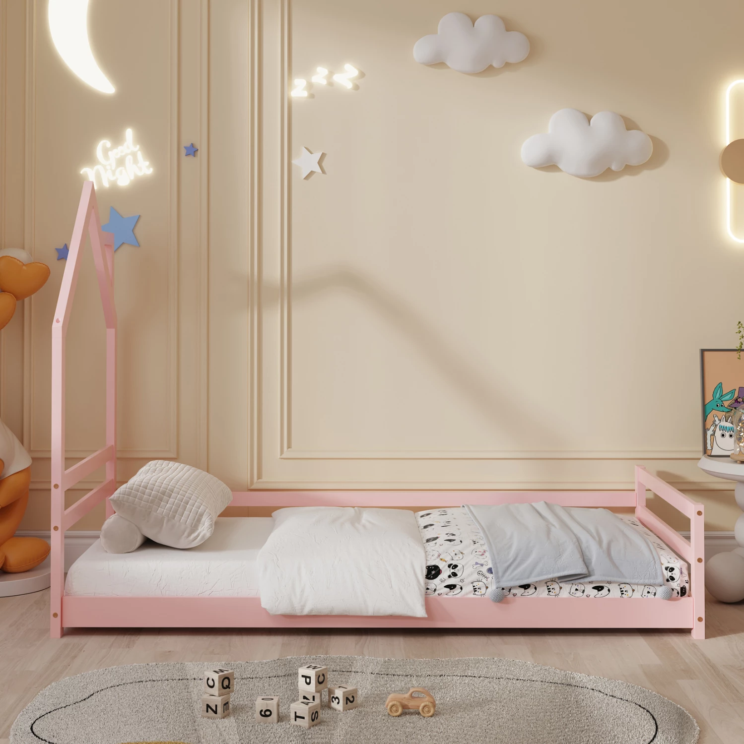 Postelja za otroke HOUSER FH676.06 t.MONTESSORI iz masivnega borovega lesa v roza barvi - 190x90cm