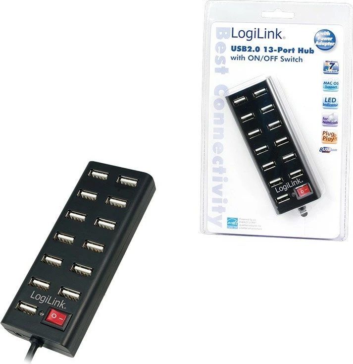 USB hub z vklopnim stikalom LogiLink UA0126, 13 vrat, črn