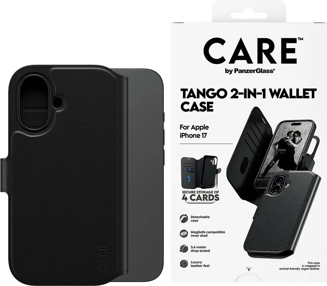Ovitek z denarnico PanzerGlass CARE Feature Case Tango 2in1 Wallet MagSafe za iPhone 17, črn